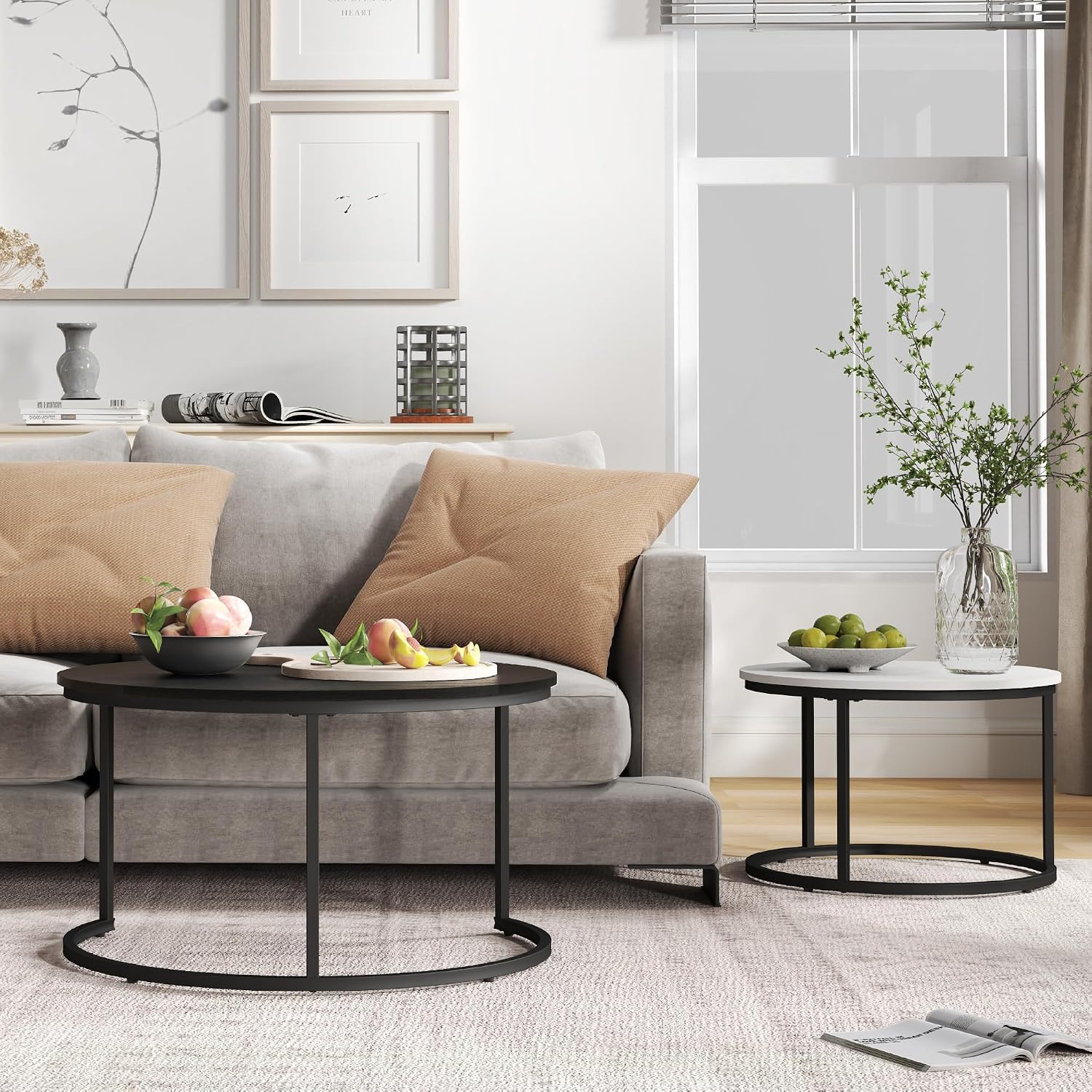 Otterease Nesting Tables Set of 2, 31.5' Round Coffee Table, Small Nesting Coffee Table with Adjustable Non-Slip Fee, Wood Grain Top Nesting Tables for Living Room, Bedroom (Wood Grain Black&White)