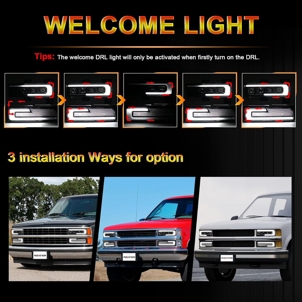 MOVOTOR LED Headlight Assembly 500% Bright Anti-glare Headlights with Welcome DRL Turn Signal Compatible with 1988-1998 Chevy GMC C/K 1500 2500 3500 Suburban Silverado Tahoe Yukon