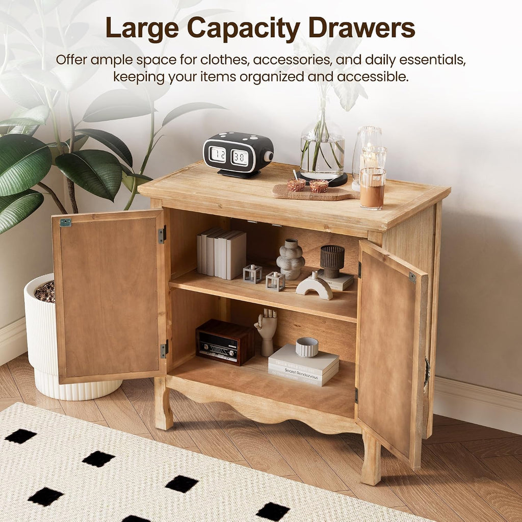 RoyalCraft Sideboard Buffet Kitchen Storage Cabinet, Solid Wood Credenza Accent Cabinet, Cupboard Console Table with 2 Craved Decorated Doors for Dining Room, Living Room, Hallway (Natural)