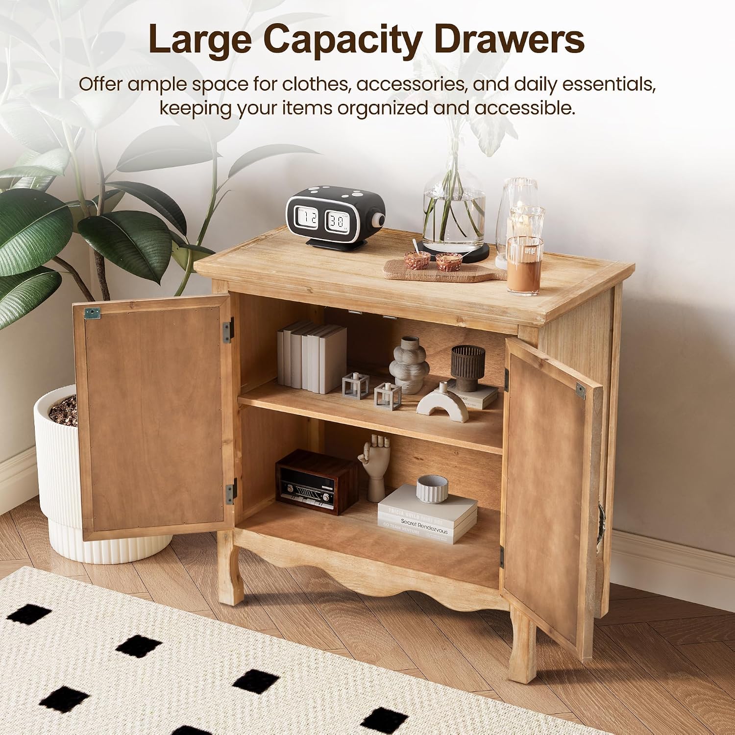 RoyalCraft Sideboard Buffet Kitchen Storage Cabinet, Solid Wood Credenza Accent Cabinet, Cupboard Console Table with 2 Craved Decorated Doors for Dining Room, Living Room, Hallway (Natural)