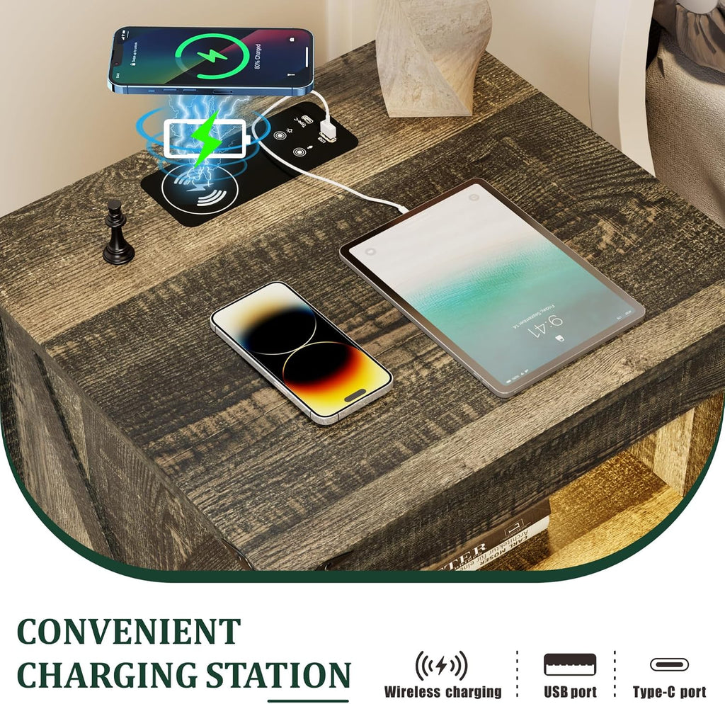Night Stand Set 2 with Gun Drawer, Bedside Table with Charging Station, LED Nightstand with Human Sensor Light, Farmhouse End Table for Bedroom Living Room, Rustic