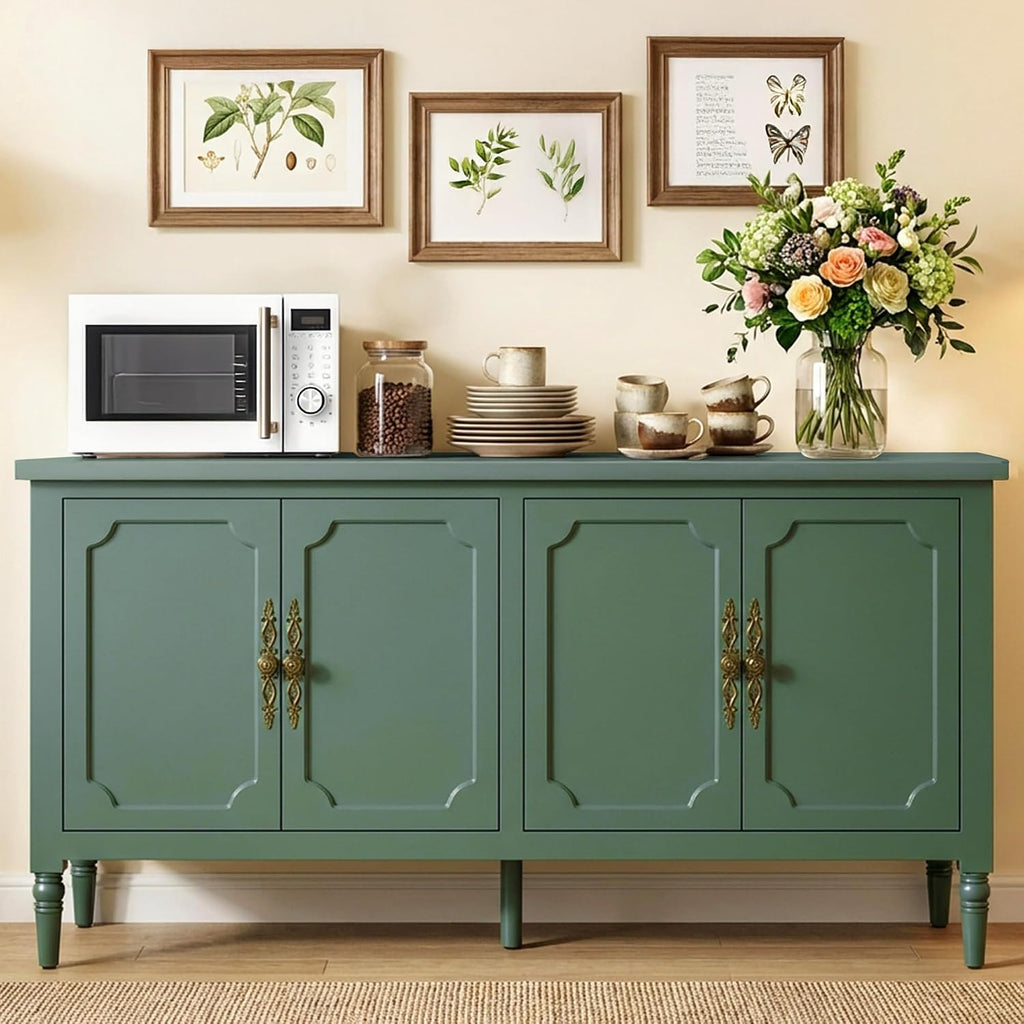RoyalCraft Buffet Cabinet with Storage, 59' Vintage Sideboard with Adjustable Shelves, Mid Century Modern Painted Credenza Coffee Bar for Kitchen, Dining Room, Entryway, Living Room, Forest Green