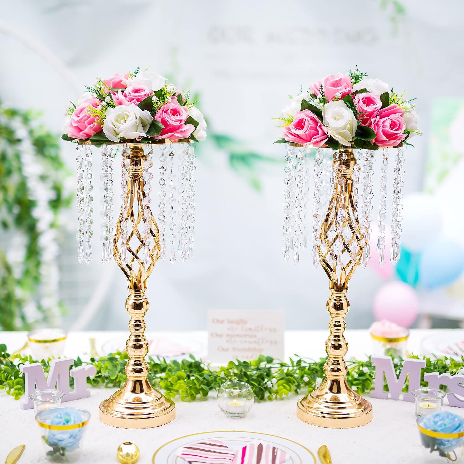 Gold Vases Centerpieces for Wedding: 19.3' Tall Flower Stand with Crystal Patent for Table Center Piece Party Event Set of 10