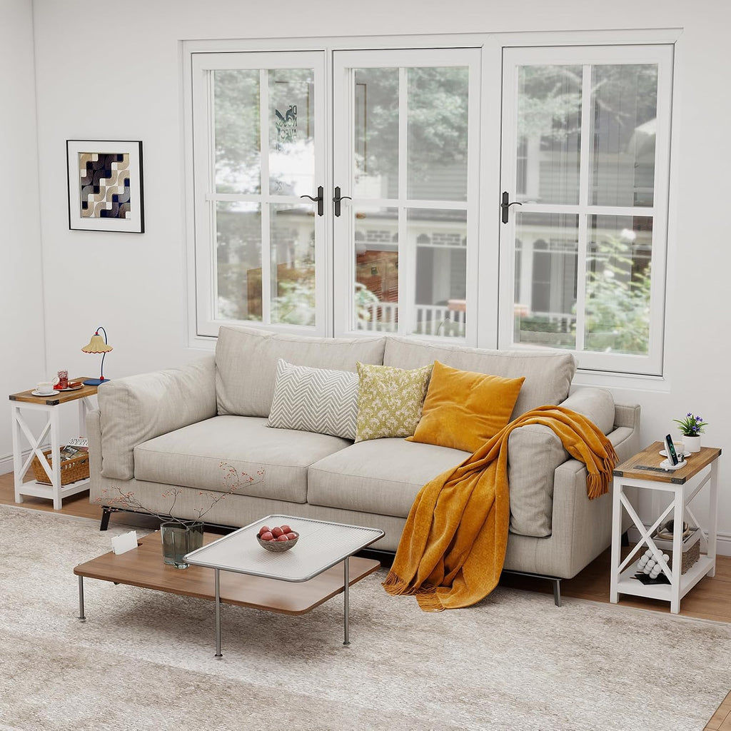 Hadulcet Farmhouse End Tables Living Room Set of 2, Narrow Side Table with Charging Station, Slim Nightstand for Small Space, Skinny Bedside Table, Sofa Side Table with Storage Shelf, White & Brown