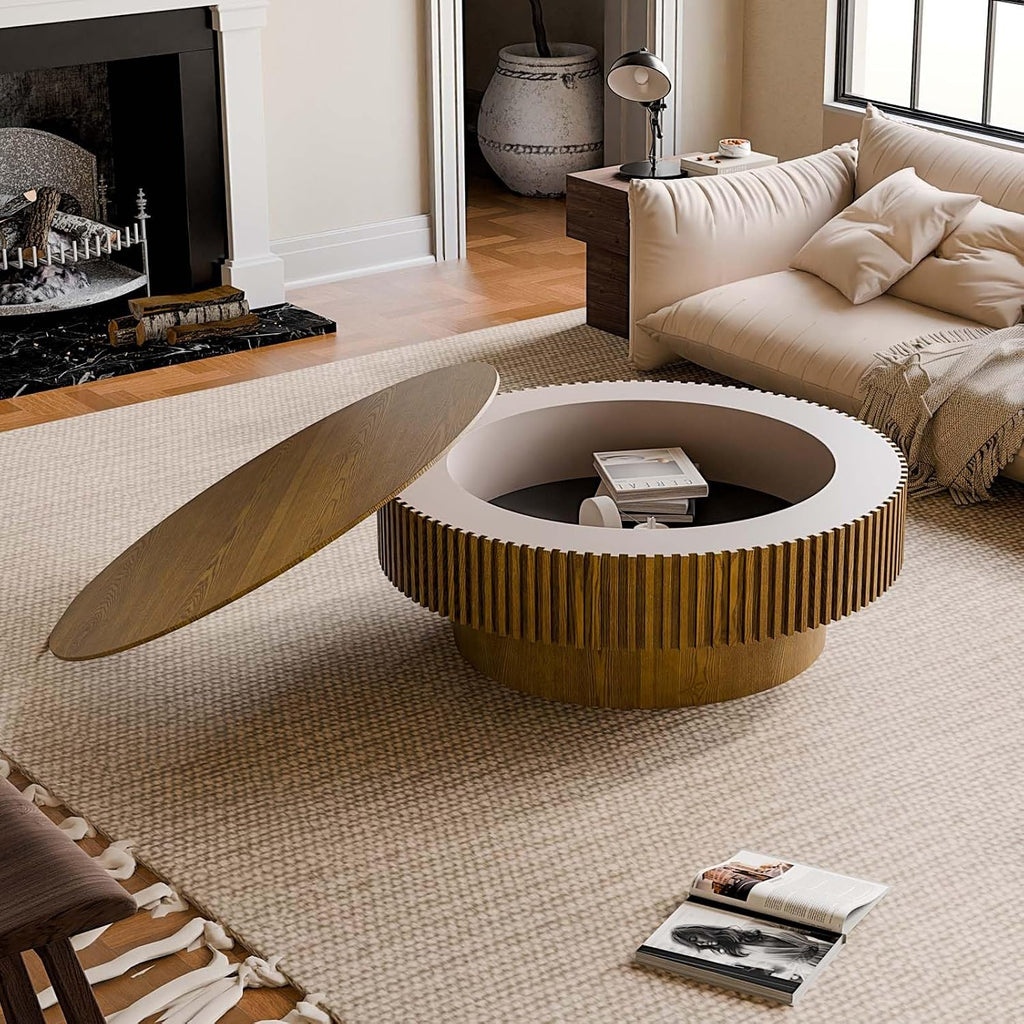 39'' Round Coffee Table with Storage, Modern Wooden Coffee Table with Solid Wood Veneered, Circle Center Table Accent Tea Table for Living Room Apartment Brown