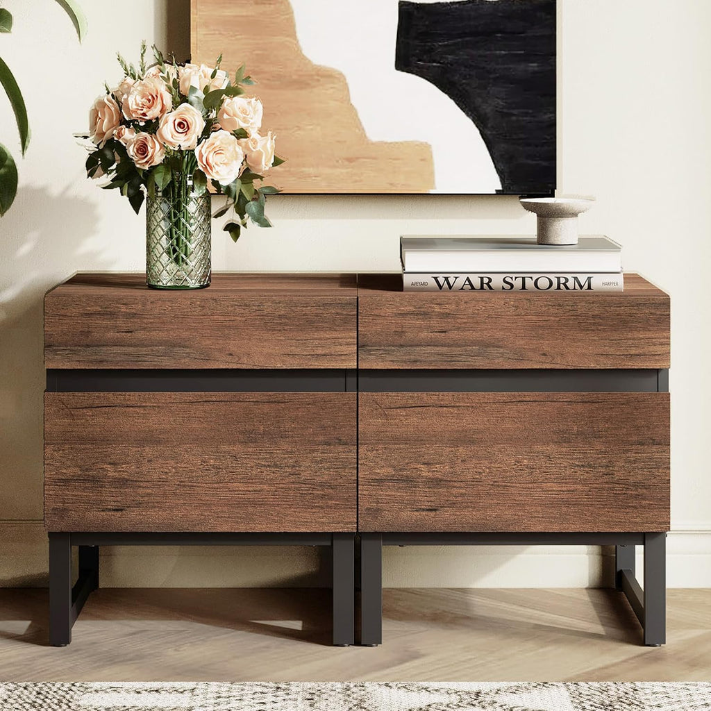 WAMPAT 2 Pack Modern End Table with 2 Drawers, Farmhouse Sofa Table with Black Square Iron Leg, Wood Rustic Side Table for Living Room, Nightstand for Bedroom, Brown, 17.7''L x 15.5''W x 19.8''H