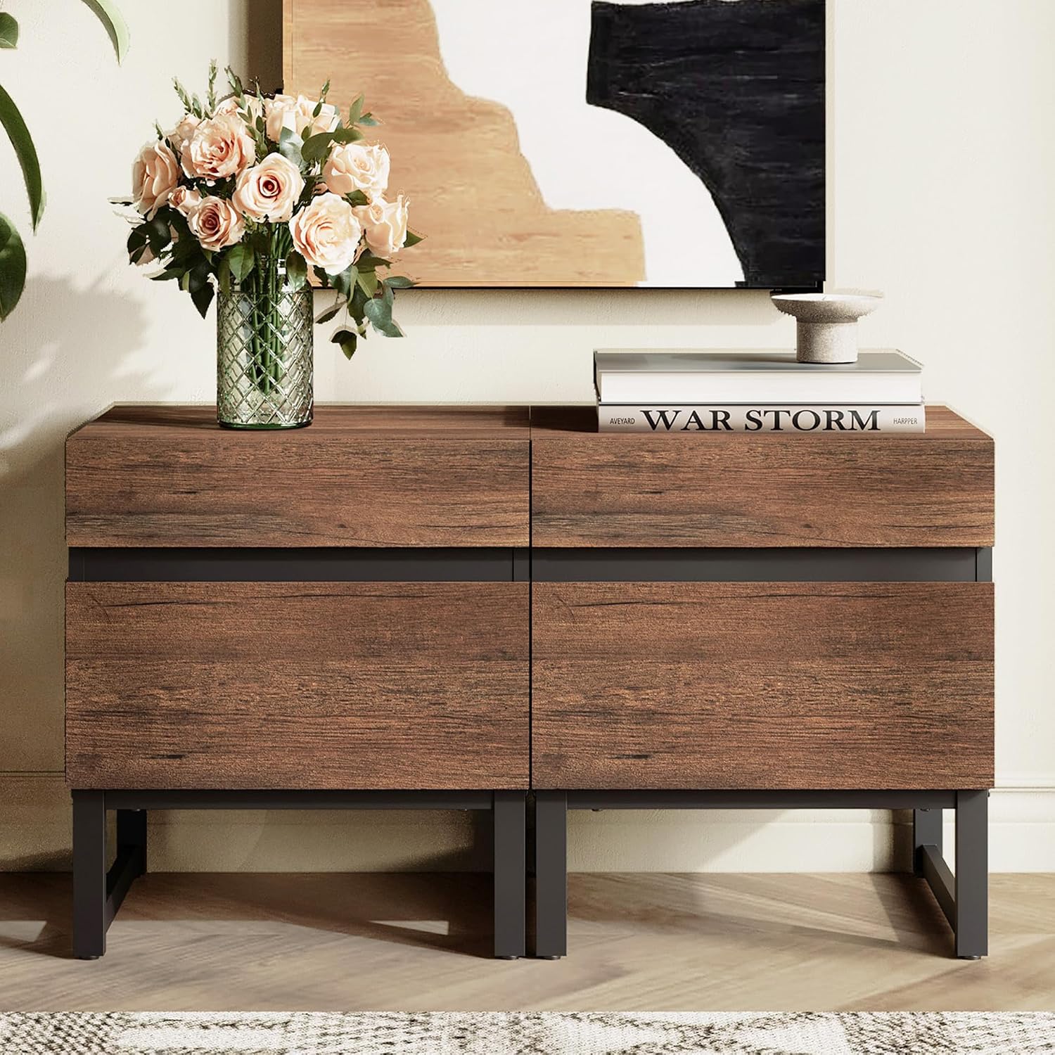 WAMPAT 2 Pack Modern End Table with 2 Drawers, Farmhouse Sofa Table with Black Square Iron Leg, Wood Rustic Side Table for Living Room, Nightstand for Bedroom, Brown, 17.7''L x 15.5''W x 19.8''H