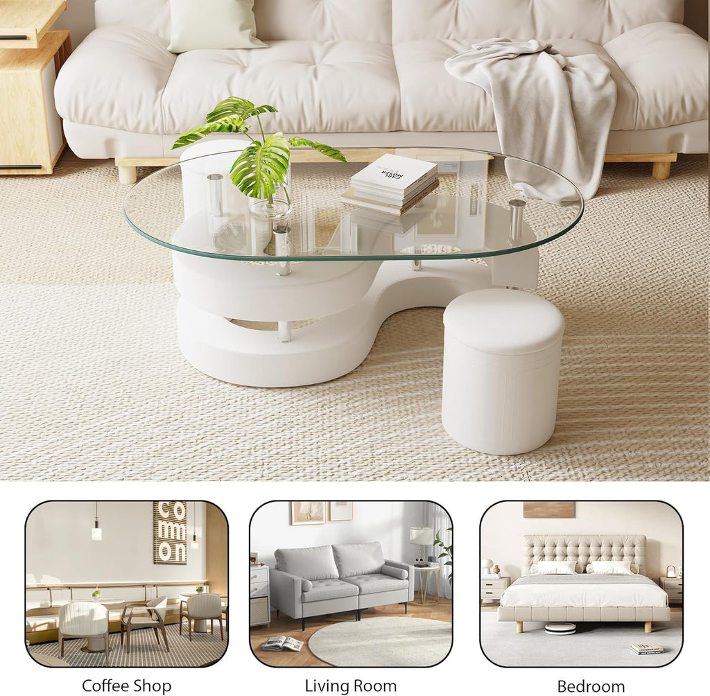 Oval Glass Coffee Table Set of 3, 0.39' Tempered Glass Top and S Shape Base, Modern Center Table with 2 Leather Stools, Accent Coffee Tables for Living Room Bedroom, White, 49.21'L x 27.56'W x 17.72'H