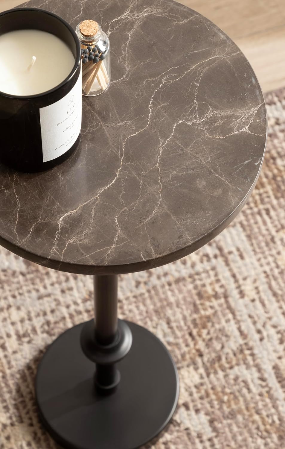 Kate and Laurel Engles Traditional Adjustable-Height Pedestal Drink Table, 10 x 10 x 30, Dark Emperador Marble and Black, Round Metal Mini Table for Indoor Plant Stand with Authentic Stone Tabletop