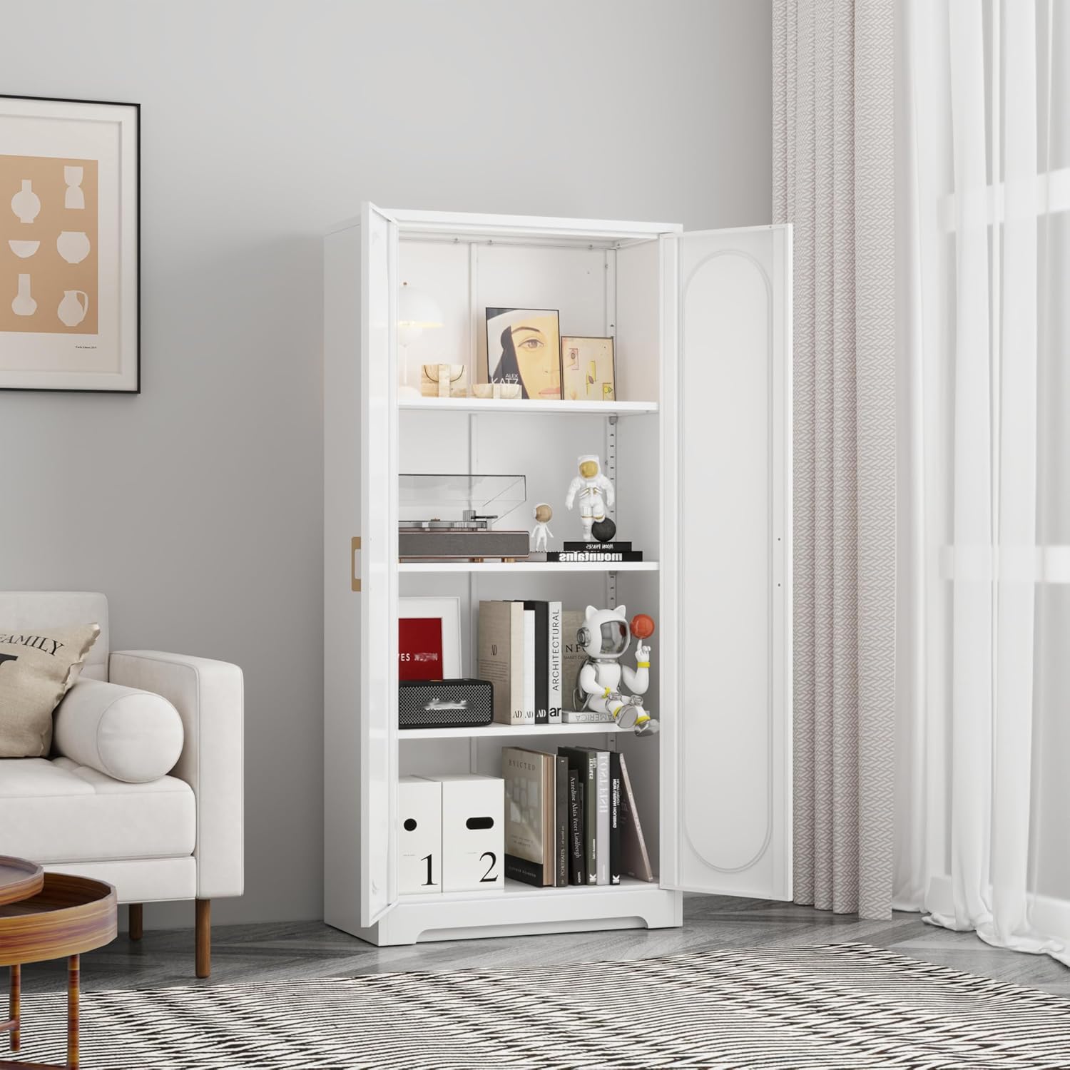Metal Storage Cabinet with 3 Adjustable Shelves, 60' Tall Kitchen Storage Cabinet with Gold Handles, White Pantry Cabinets for Kitchen, Living Room, Hallway - Assembly Required