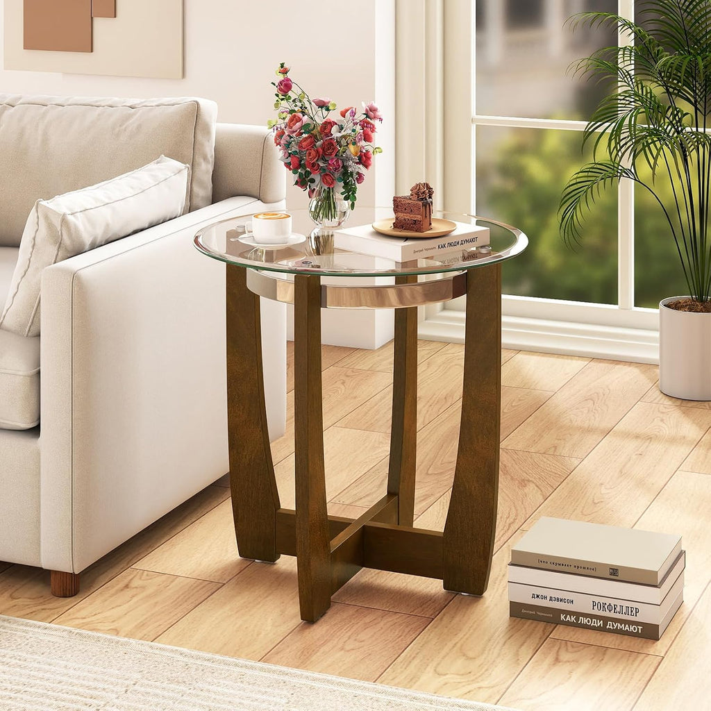 Giantex Round Glass End Table Set of 2, 24'' Side Table with Tempered Glass Top, Nightstands with Cross & Solid Rubber Wood Base, Compact Bedside Night Stand for Bedroom Office Living Room (2, Walnut)