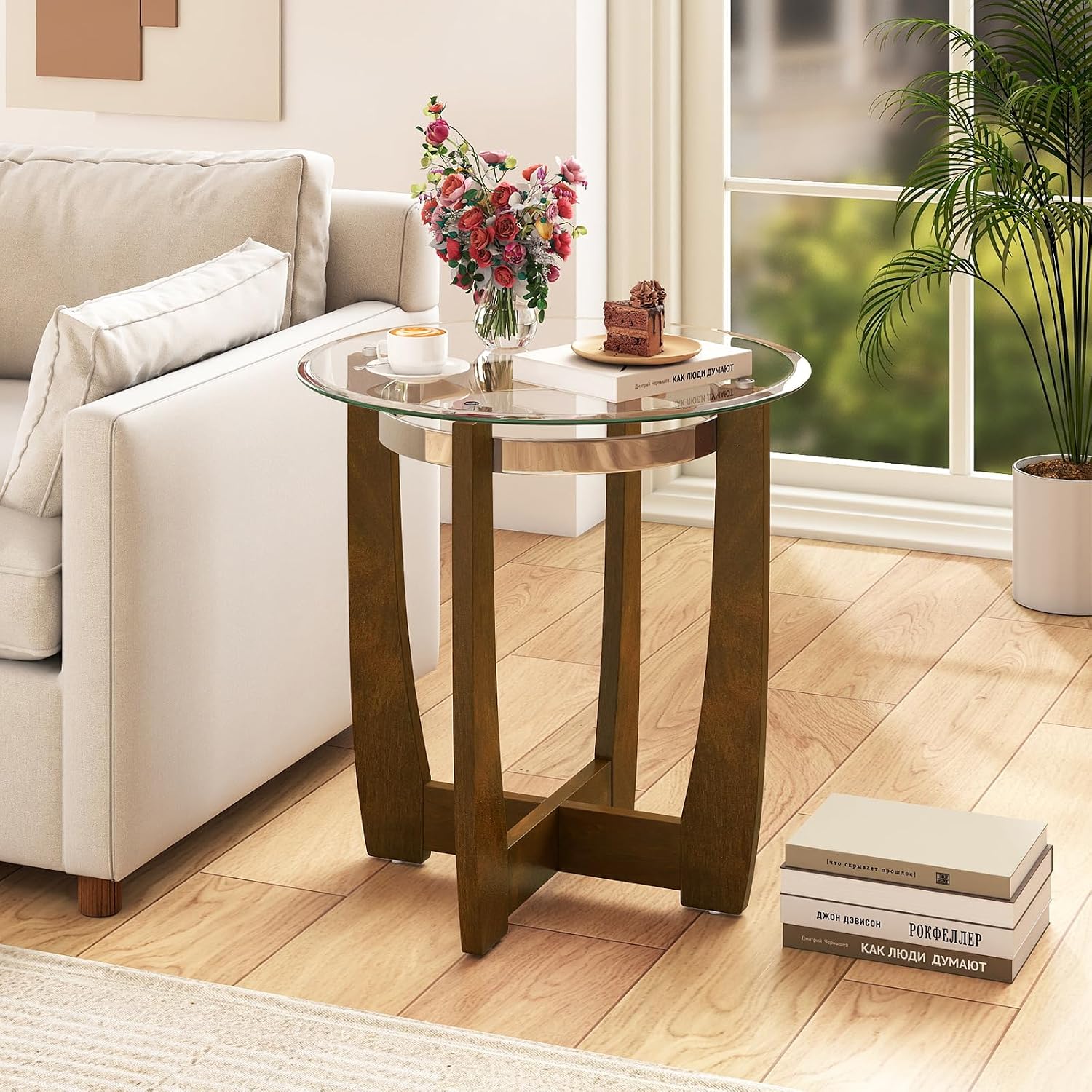 Giantex Round Glass End Table Set of 2, 24'' Side Table with Tempered Glass Top, Nightstands with Cross & Solid Rubber Wood Base, Compact Bedside Night Stand for Bedroom Office Living Room (2, Walnut)