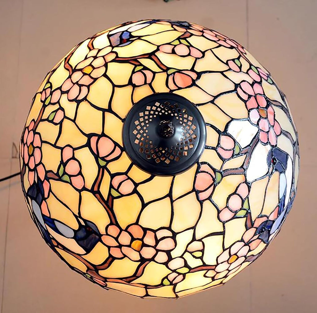 16 Inch Pink Blue Stained Glass Lamp Shade Replacement Only, Style Pastoral Bird Flower Lampshade for Table Lamp, Desk Lamp, Floor Lamp,Ceiling Light,