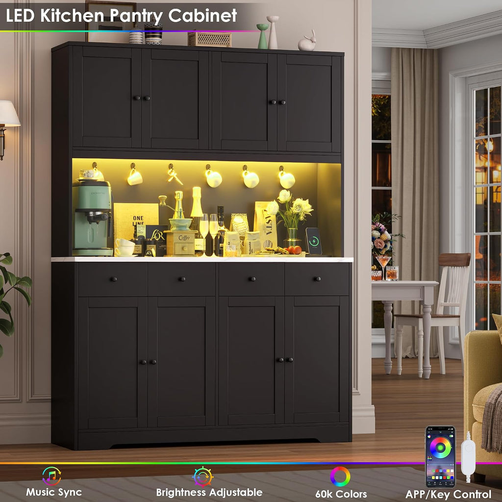 HIFIT 72' LED Kitchen Pantry Cabinet with Power Outlet & Cup Hook, Tall Kitchen Hutch Storage Cabinets w/Marble-Patterned Countertop Microwave Stand, Food Pantry w/Door for Dining Living Room, Black