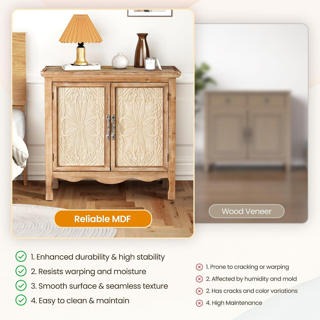 RoyalCraft Sideboard Buffet Kitchen Storage Cabinet, Solid Wood Credenza Accent Cabinet, Cupboard Console Table with 2 Craved Decorated Doors for Dining Room, Living Room, Hallway (Natural)