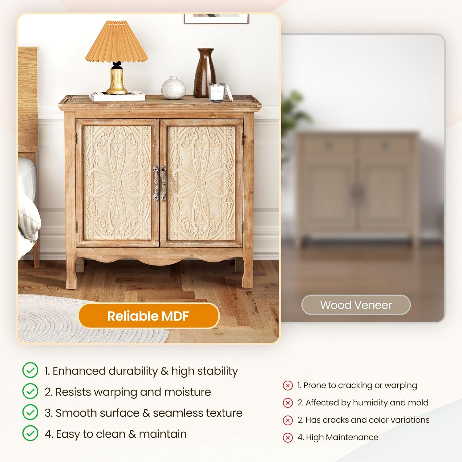 RoyalCraft Sideboard Buffet Kitchen Storage Cabinet, Solid Wood Credenza Accent Cabinet, Cupboard Console Table with 2 Craved Decorated Doors for Dining Room, Living Room, Hallway (Natural)