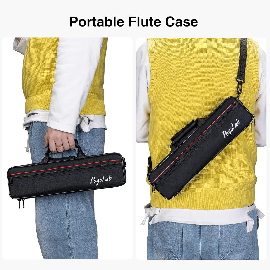 POGOLAB Open Hole C Flute, 16 Keys Student Flute Instrument for Beginner Advanced Player, with Carry Bag, Strap, Gloves, Adjustment Screwdriver, Cleaning Kit (Open/Closed Hole, Silver Plated)