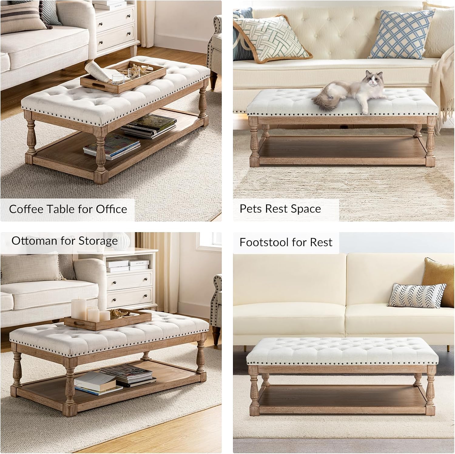 HULALA HOME Rectangle Ottoman Coffee Table with Tray, Tufted Living Room Ottoman with Solid Wood Storage Shelf, Ivory