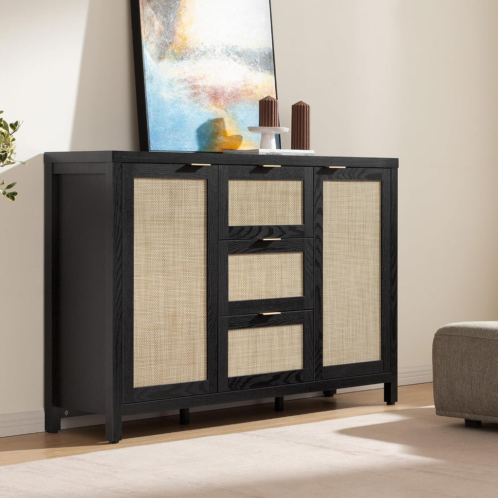 SICOTAS Rattan Sideboard Buffet Coffee Bar Cabinet with Storage - 52' Larger Farmhouse Credenza Storage Cabinet with 3 Drawers and 2 Doors, Boho Console Table for Living Room, Kitchen, Black Oak