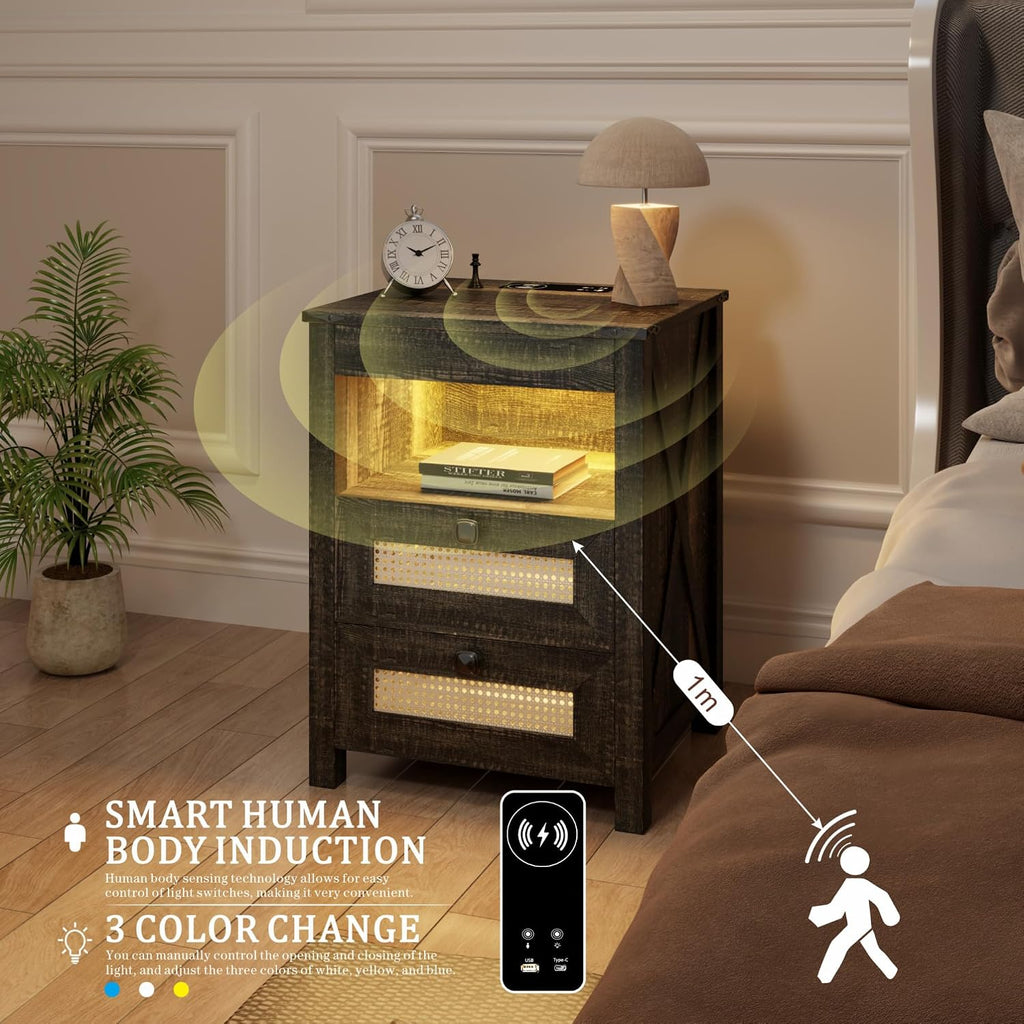 Night Stand Set 2 with Gun Drawer, Bedside Table with Charging Station, LED Nightstand with Human Sensor Light, Farmhouse End Table for Bedroom Living Room, Rustic