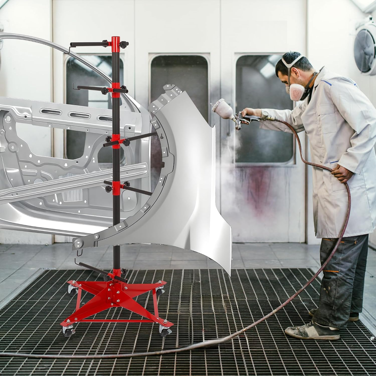 Panel Tree Automotive Paint Stand with 6 Hook Levers, 47 Inch Panel Holder wtih Adjustable Center Post, Paint Rack for Hang Automotive Doors, Fenders, Bumpers