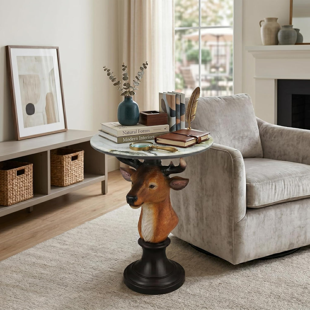 Deer Head Sculptural Accent Table for Living Room & Entryway, 19.69' D x 25.59' H, Resin Animal End Table, Waterproof Outdoor Decor, Unique Gift for Housewarming