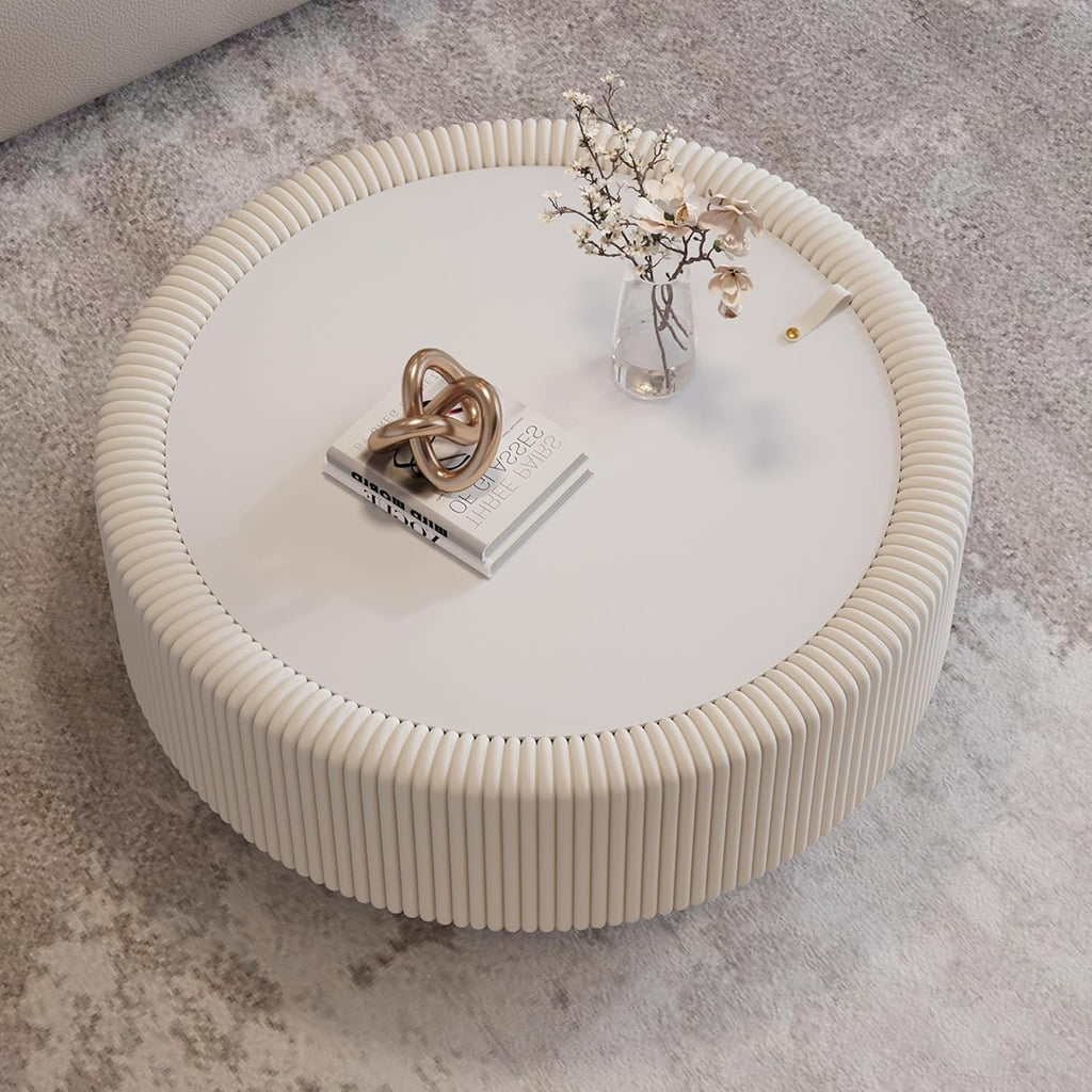 31.5' White Round Coffee Table with Storage, Tempered Glass Top PU Leather Body & Baked Enamel Base, Modern Minimalist Fluted Circle Center Tables for or Living Room, Bedroom, Apartment