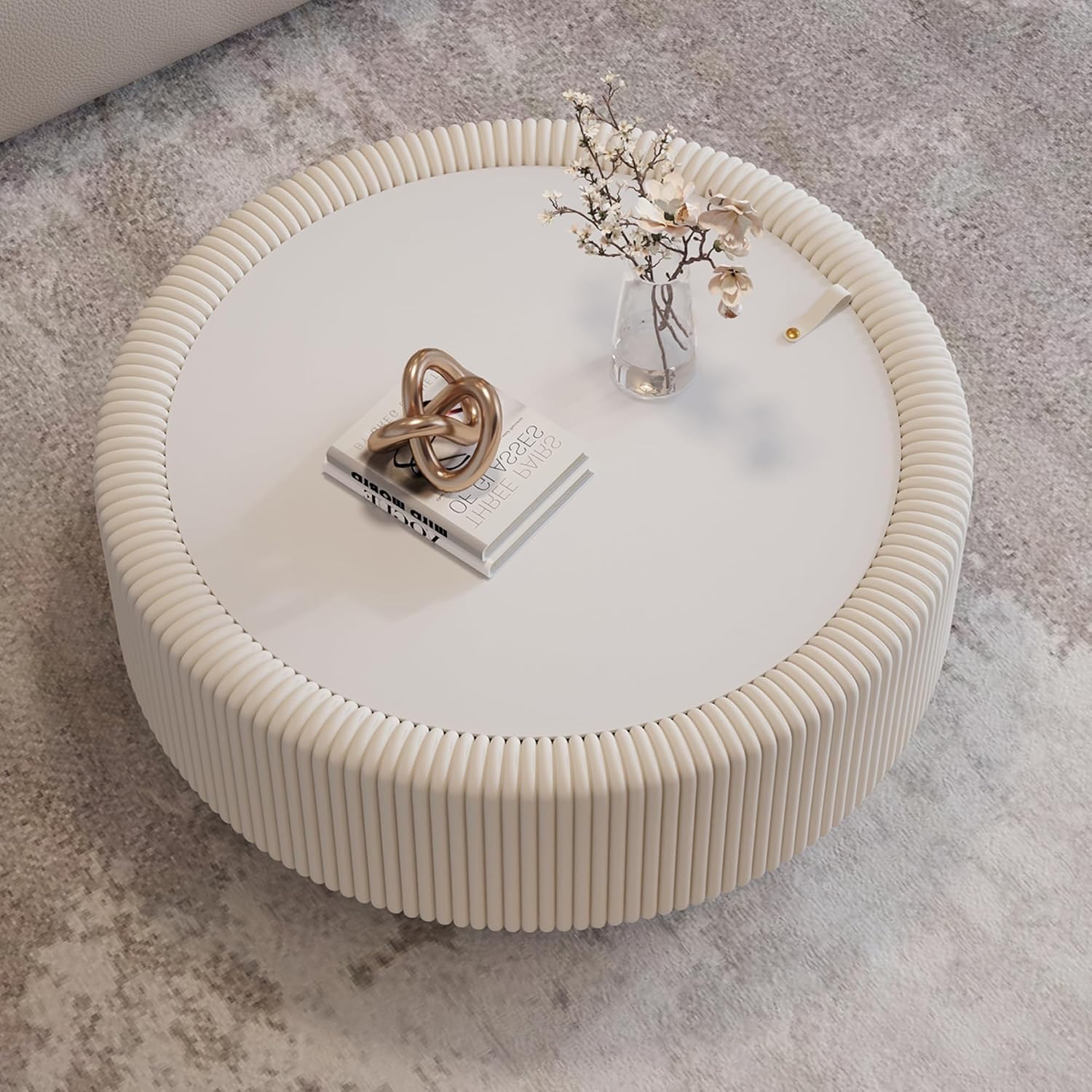 31.5' White Round Coffee Table with Storage, Tempered Glass Top PU Leather Body & Baked Enamel Base, Modern Minimalist Fluted Circle Center Tables for or Living Room, Bedroom, Apartment