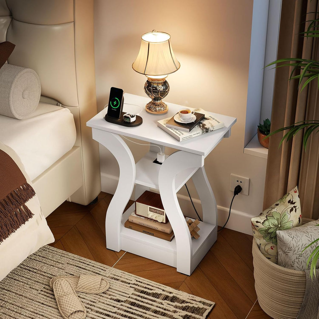 Giantex Narrow End Tables with Charging Station Set of 2, Wood Sofa Side Tables with Open Storage Shelves, Bedside Tables with USB Ports & Outlets, Modern Nightstands for Living Room, Bedroom, White