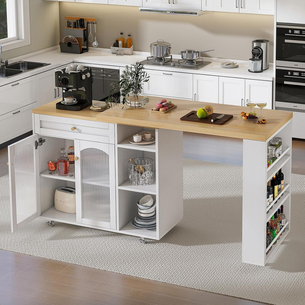 LYNCOHOME 71.1' Rolling Kitchen Island with 360° Rotating Tabletop, Mobile Lockable Wheels & Adjustable Shelves, Multifunctional Storage Cart for Kitchen & Dining（White）