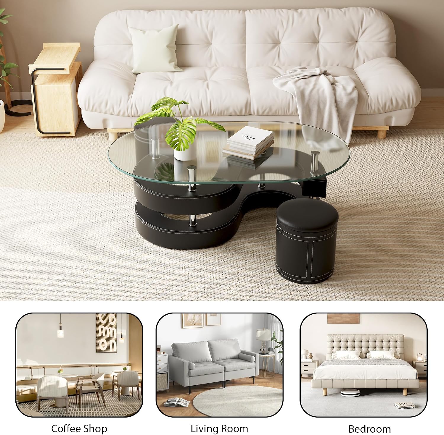 Oval Glass Coffee Table Set of 3, 0.39' Tempered Glass Top and S Shape Base, Modern Coffee Table with 2 Leather Stools, Accent Coffee Table for Living Room Bedroom, Black