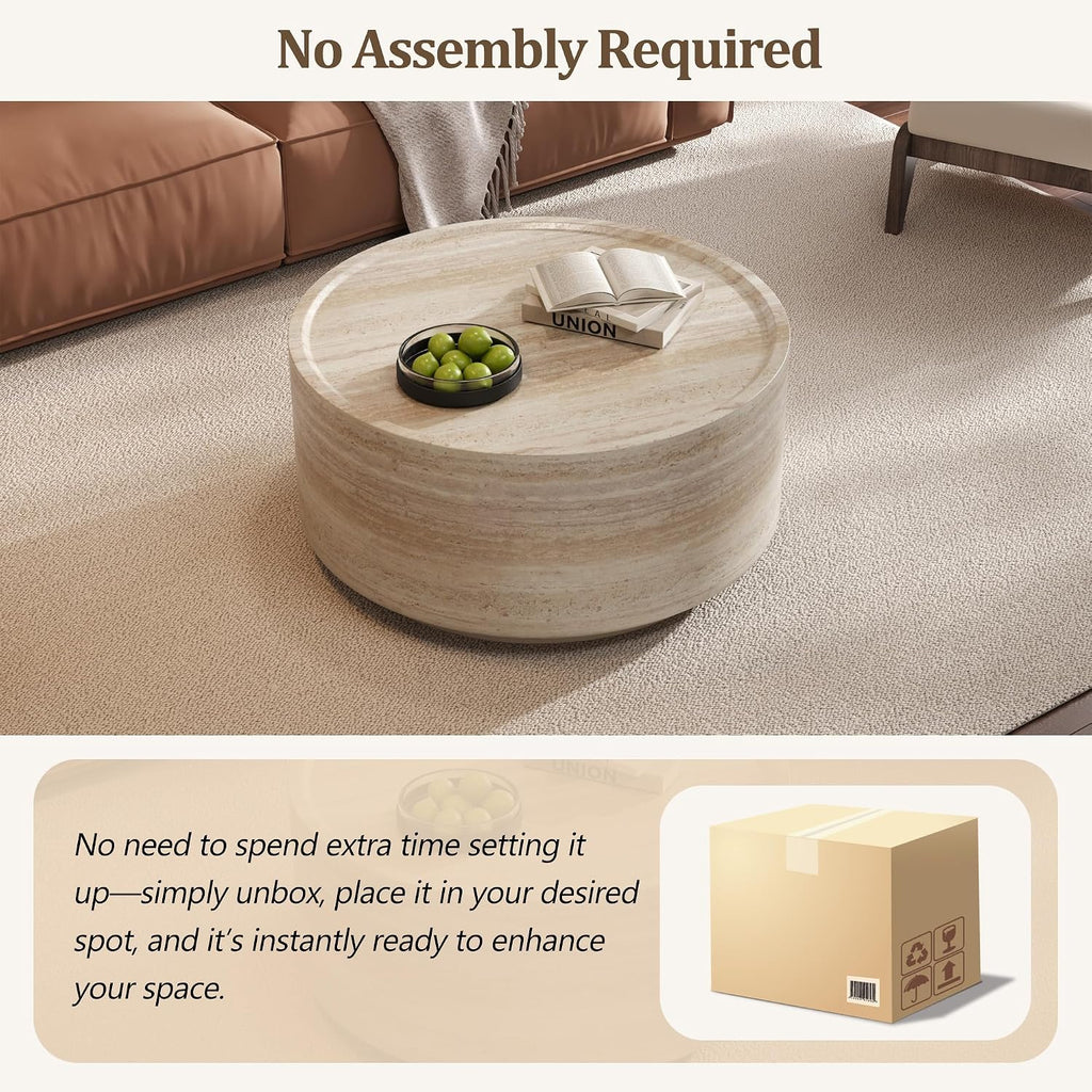 Merax 27.5' Round Coffee Table with Faux Luxury Marble Look, Drum Small Center Table with Strong Structure, Minimalist Mars Pattern End Table for Living Room, Bedroom, No Assembly Required, Beige