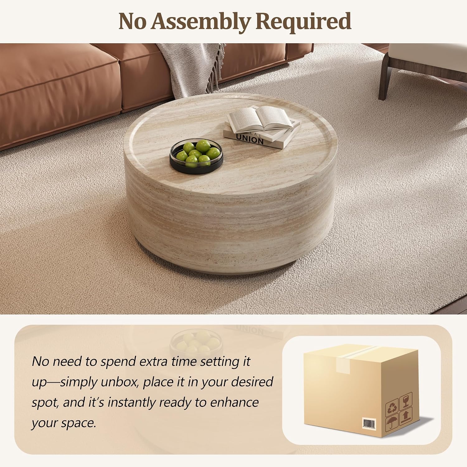 Merax 27.5' Round Coffee Table with Faux Luxury Marble Look, Drum Small Center Table with Strong Structure, Minimalist Mars Pattern End Table for Living Room, Bedroom, No Assembly Required, Beige