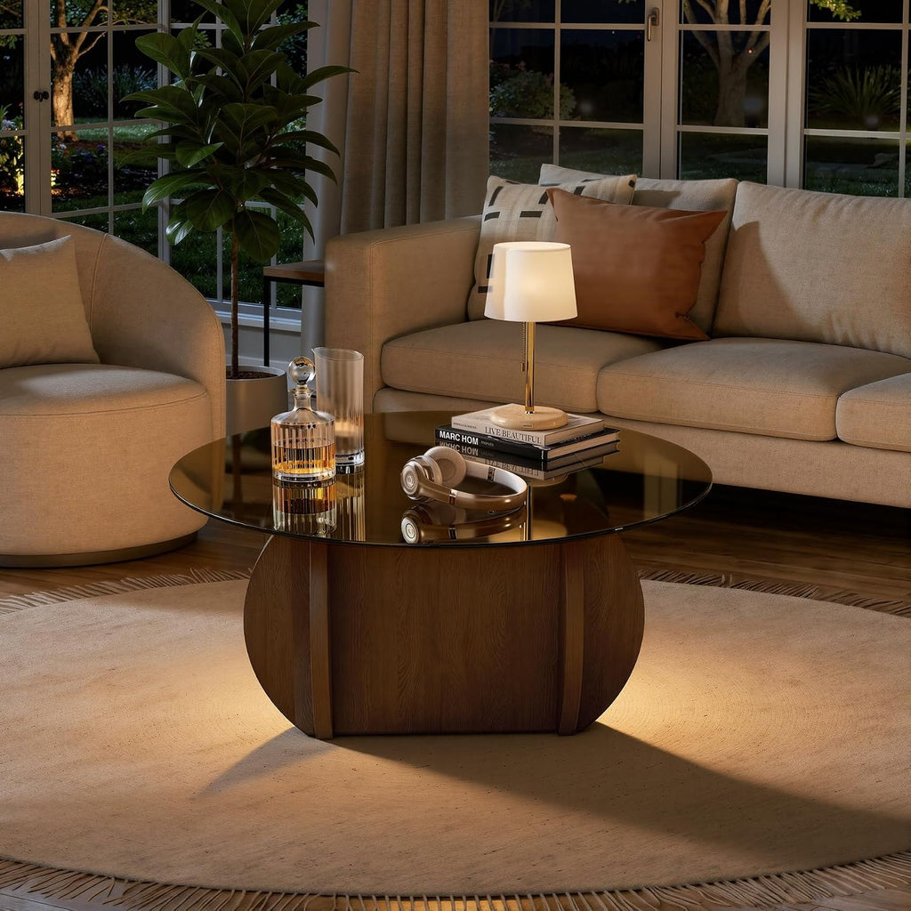 Round Glass Coffee Table, Modern Coffee Table with Glass Top and Wood Base, Minimalist Circle Coffee Table for Living Room, Small Round Coffee Table for Apartment, Office & Lounge, Walnut
