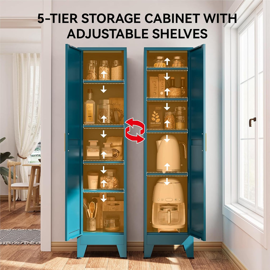 67' Tall Storage Cabinet with Reversible Doors and Adjustable Shelves,Metal Slim Freestanding Cabinet for Bathroom Kitchen Garage Small Spaces,Blue,5-Tier 1 Pack