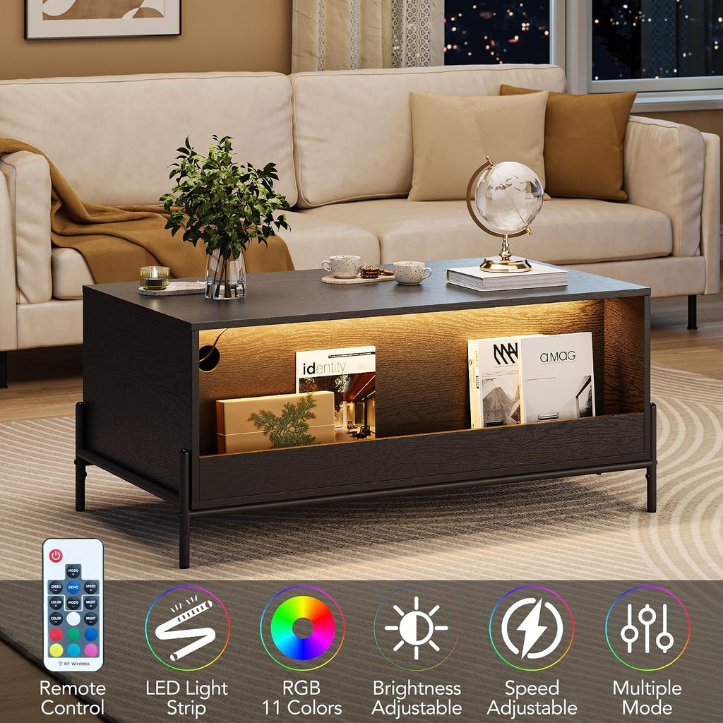 GarveeHome 40.9' Rattan Coffee Table with LED Lights for Living Room, Modern Coffee Tables with 2 Storage Drawers and 2 Arched Door, Farmhouse Coffee Table with Study Metal Legs, Black+Oak