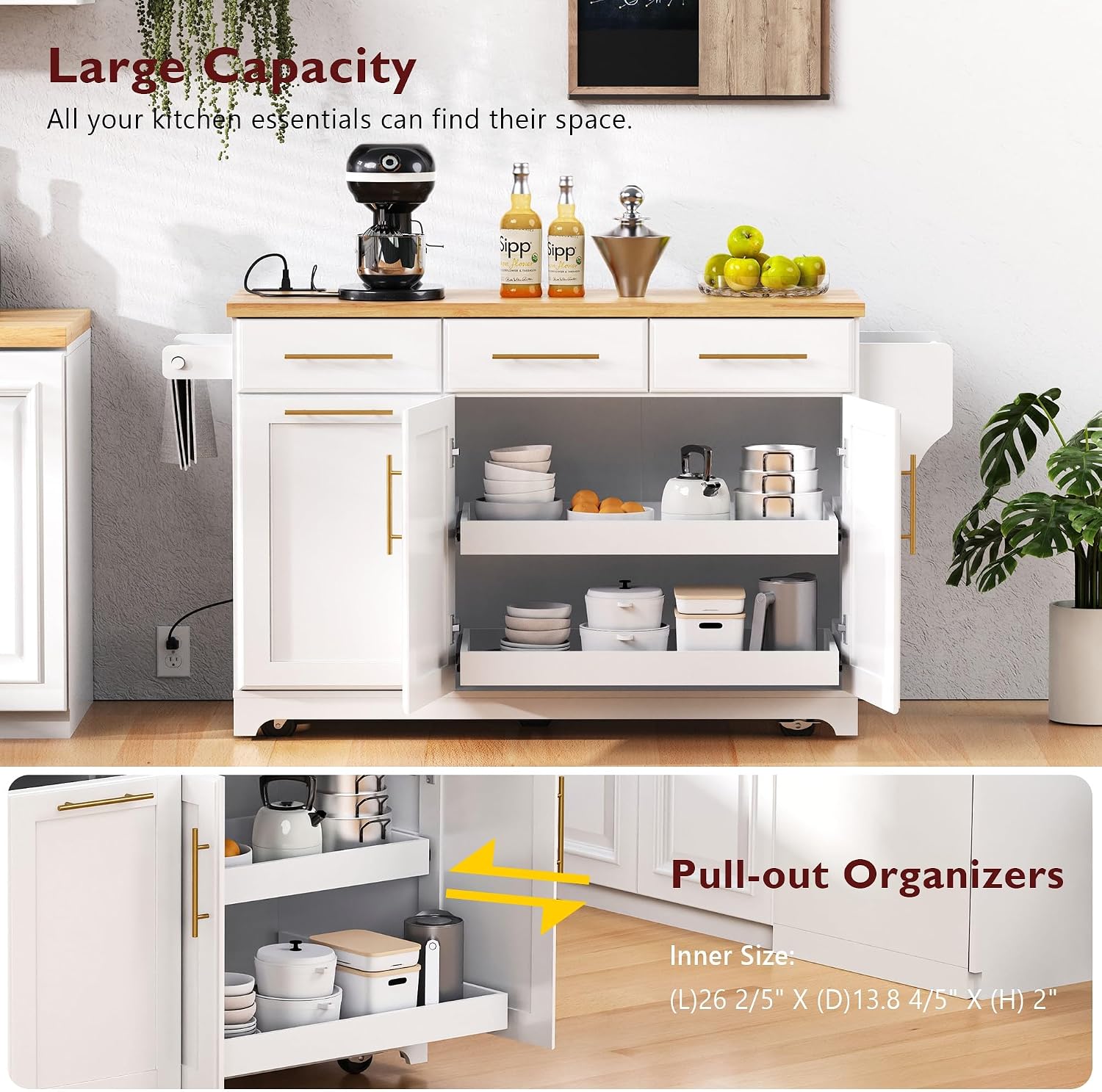 Kitchen Island Cart with Solid Wood Top, Mobile Carts with Storage Cabinet, Rolling Kitchen Table with Trash Can Storage, Power Outlet, Spice & Towel Rack, Portable Islands on Wheels, White