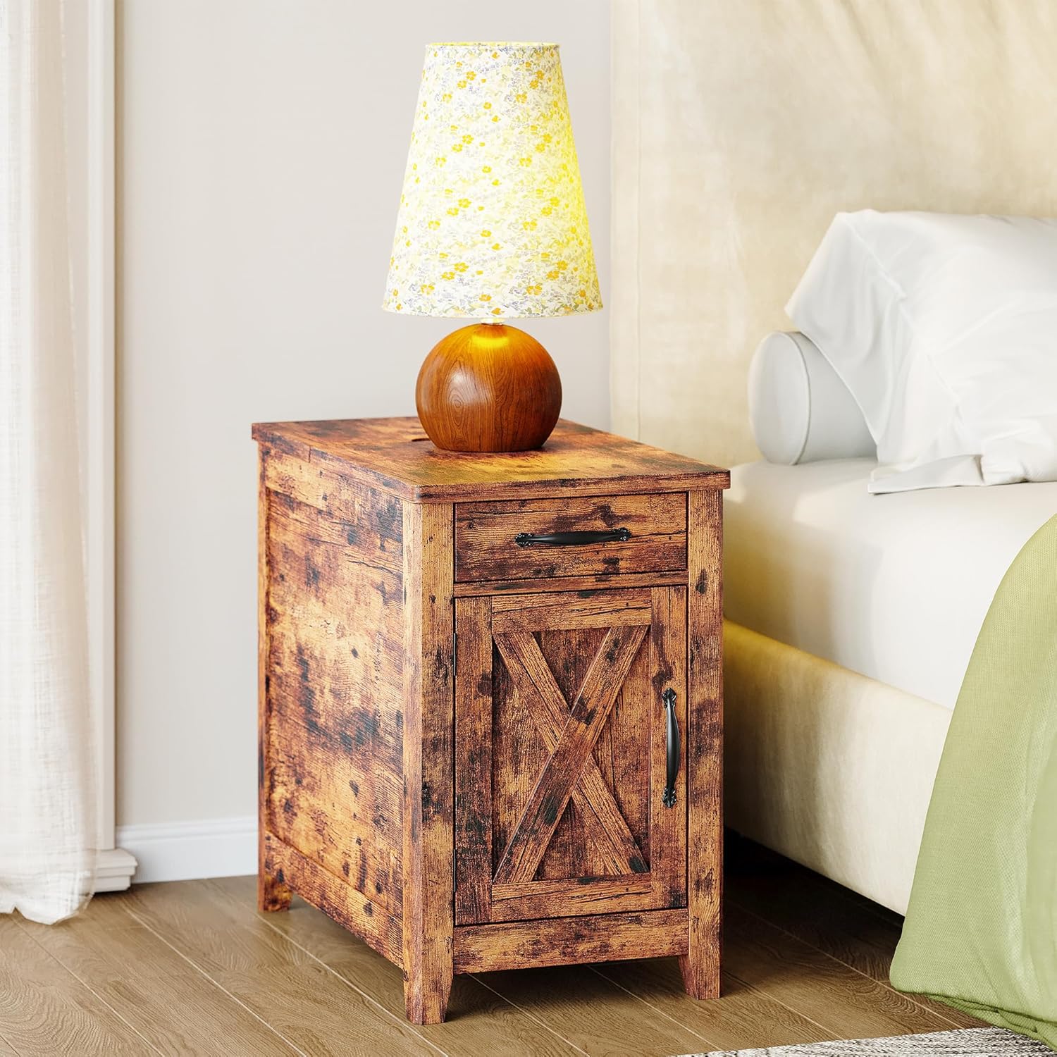 IRONCK End Table with Charging Station, Narrow Side Table for Living Room, Farmhouse Night Stand for Bedroom, Bedside Table with Storage and Drawer for Home, Vintage Brown
