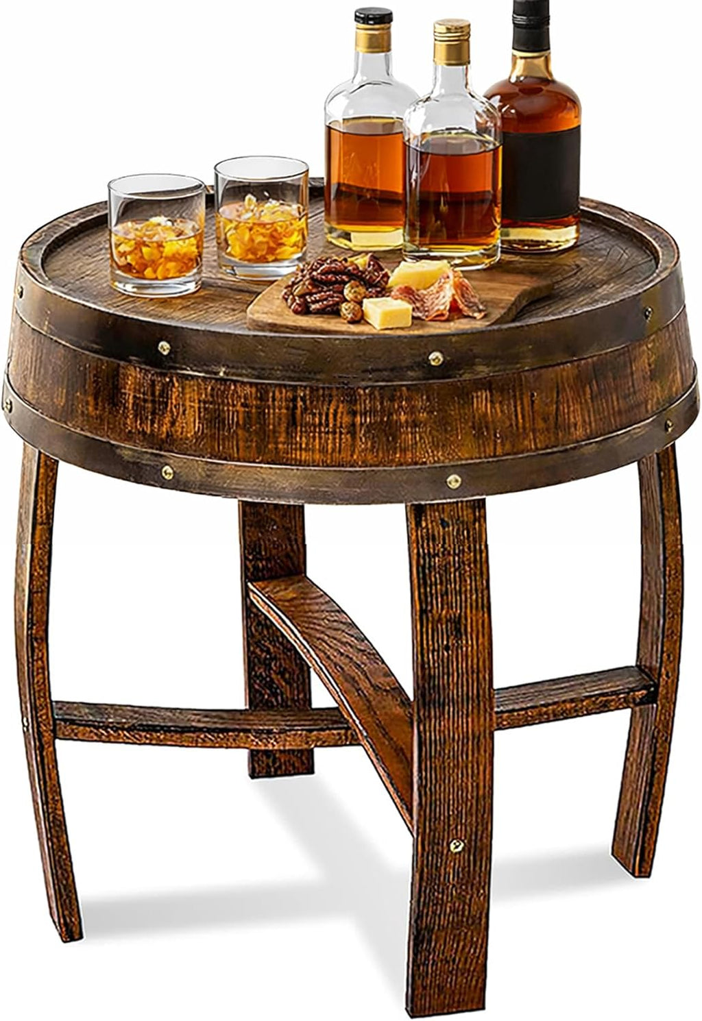 Whiskey Barrel Table, Handcrafted Wooden Wine Barrel End Table for Living Room, Home Bar & Covered Patio, Bourbon Barrel Table for Airbnb, Entryway & Bar Décor (Brown)