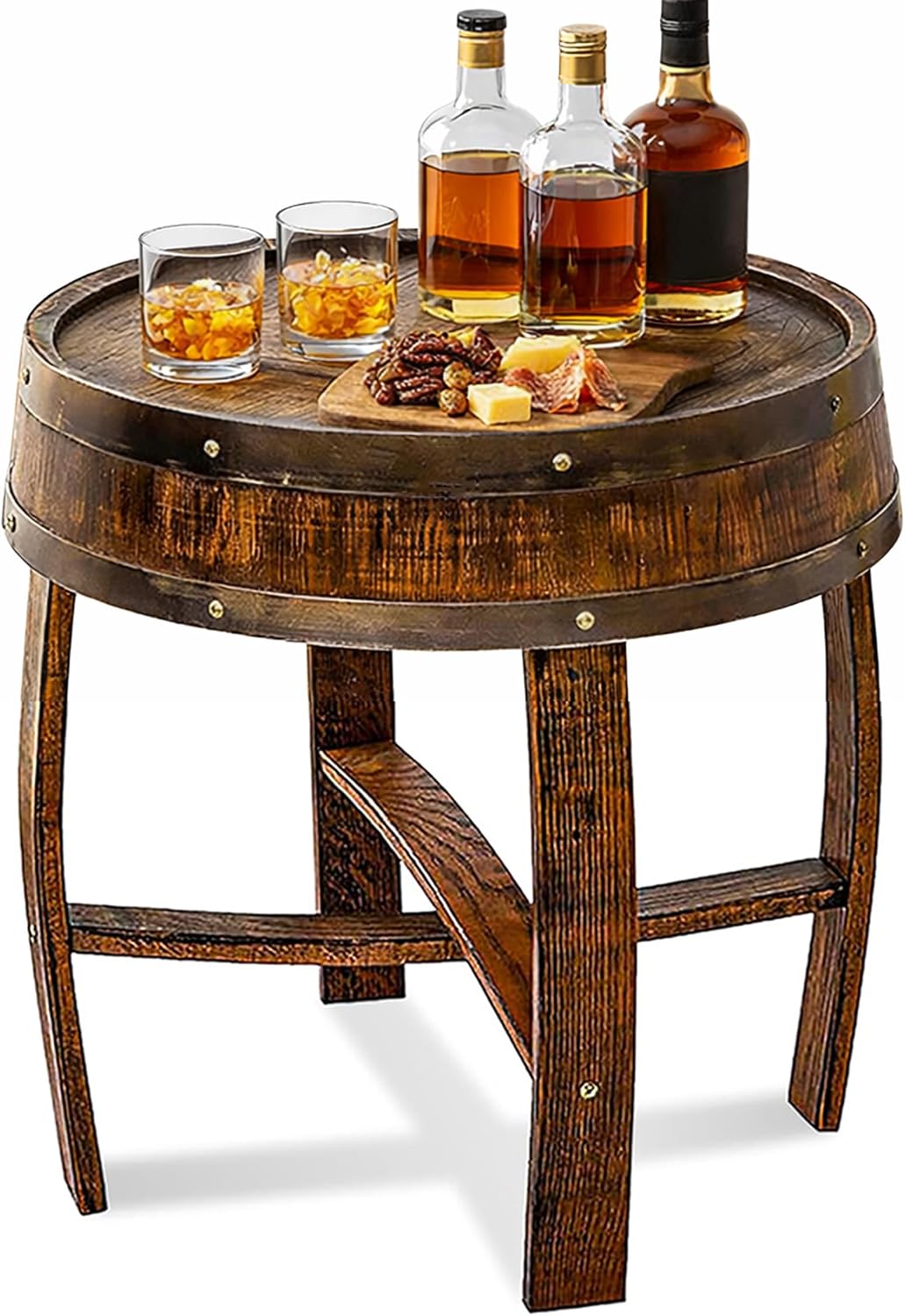 Whiskey Barrel Table, Handcrafted Wooden Wine Barrel End Table for Living Room, Home Bar & Covered Patio, Bourbon Barrel Table for Airbnb, Entryway & Bar Décor (Brown)