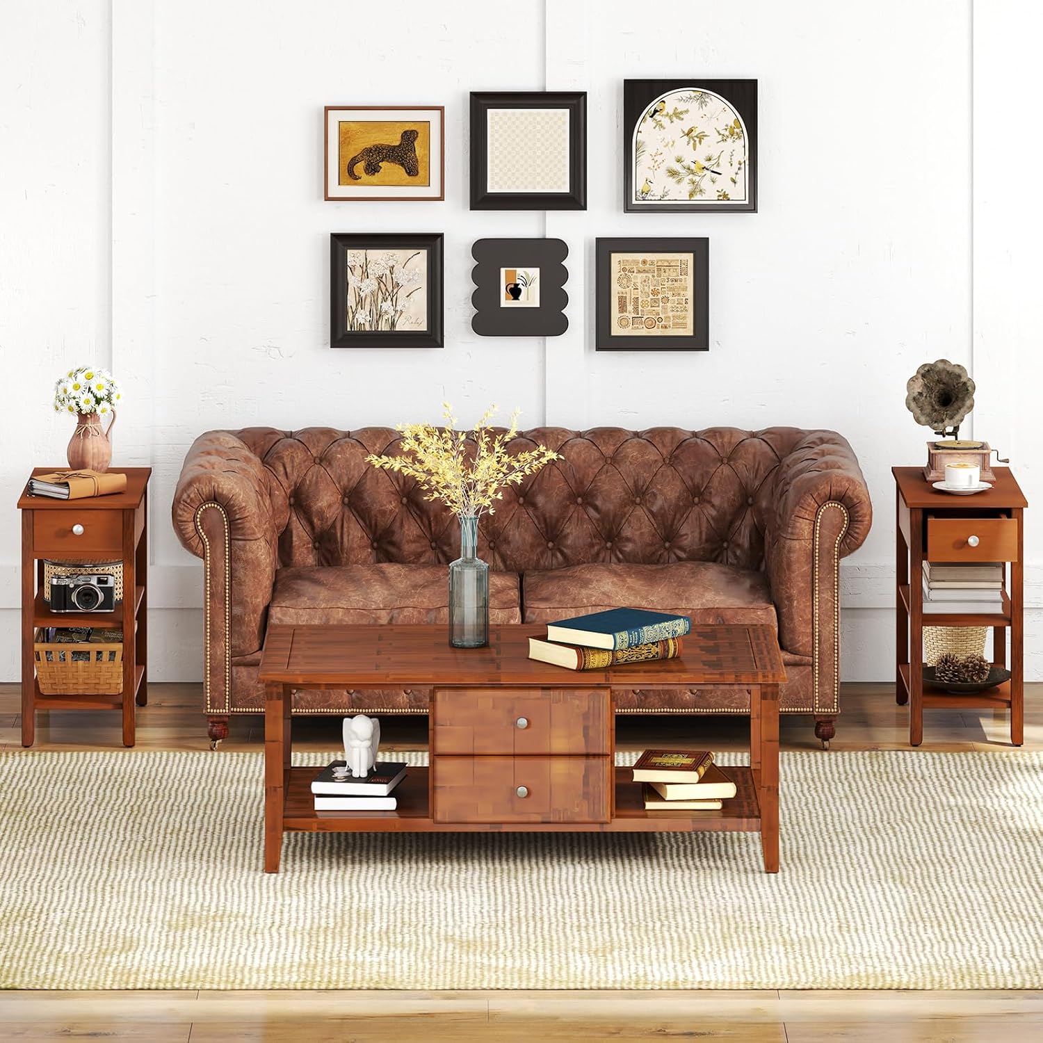 Giantex Narrow End Table Set of 2, Farmhouse Side Tables with Drawer & Storage Shelves, Wood Sofa Side Tables, 3-Tier Nightstands for Small Space, Living Room, Bedroom, 23.5'L x 12'W x 24.5'H, Brown