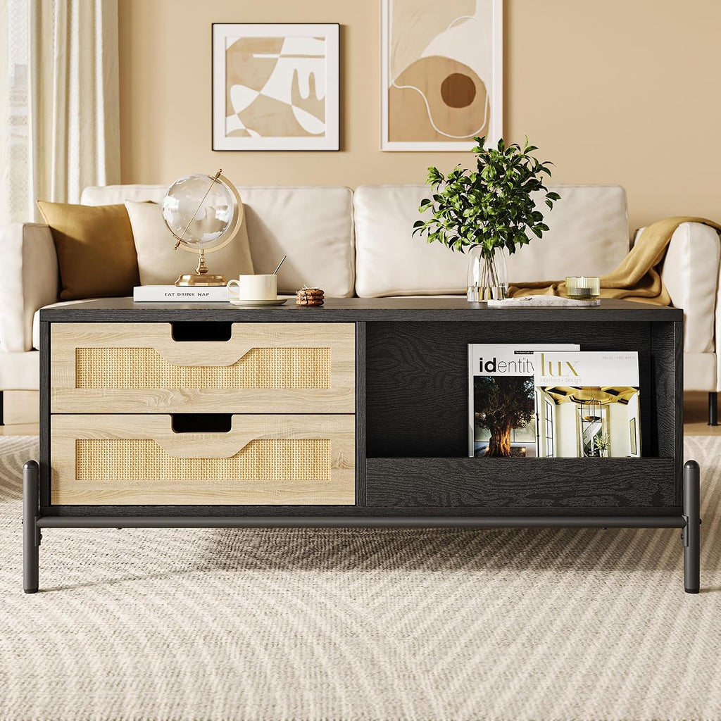 GarveeHome 40.7' Coffee Table with LED Lights for Living Room, Modern Coffee Tables with 4 Drawers and Open Storage Shelf, Farmhouse Coffee Table with Study Metal Legs，Black+Oak