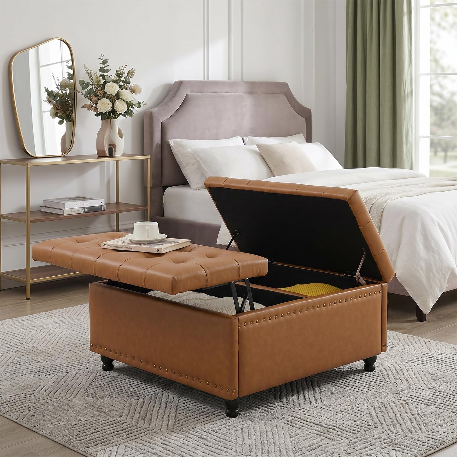 Tbfit Large Square Storage Ottoman Bench, Tufted Upholstered Coffee Table Ottoman with Lift Top & Wooden Legs, Oversized Storage Ottomans Toy Box for Living Room (Camel PU)