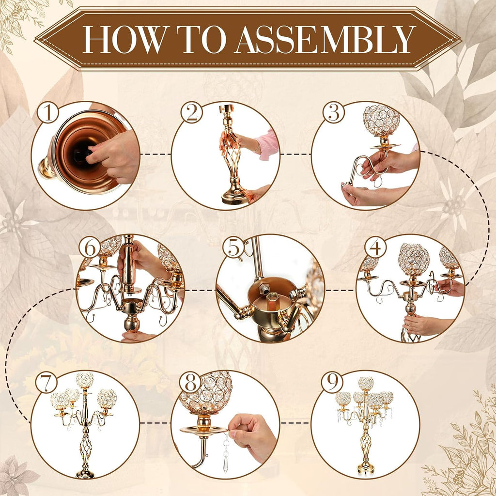 Nitial 8 Pcs 5 Arm Crystal Candelabra Centerpieces for Table 27 Inch Retro Victorian Crystal Candle Holders Bowl Table Centerpieces Decor for Wedding Banquet Valentine Dinner Party Event (Gold)