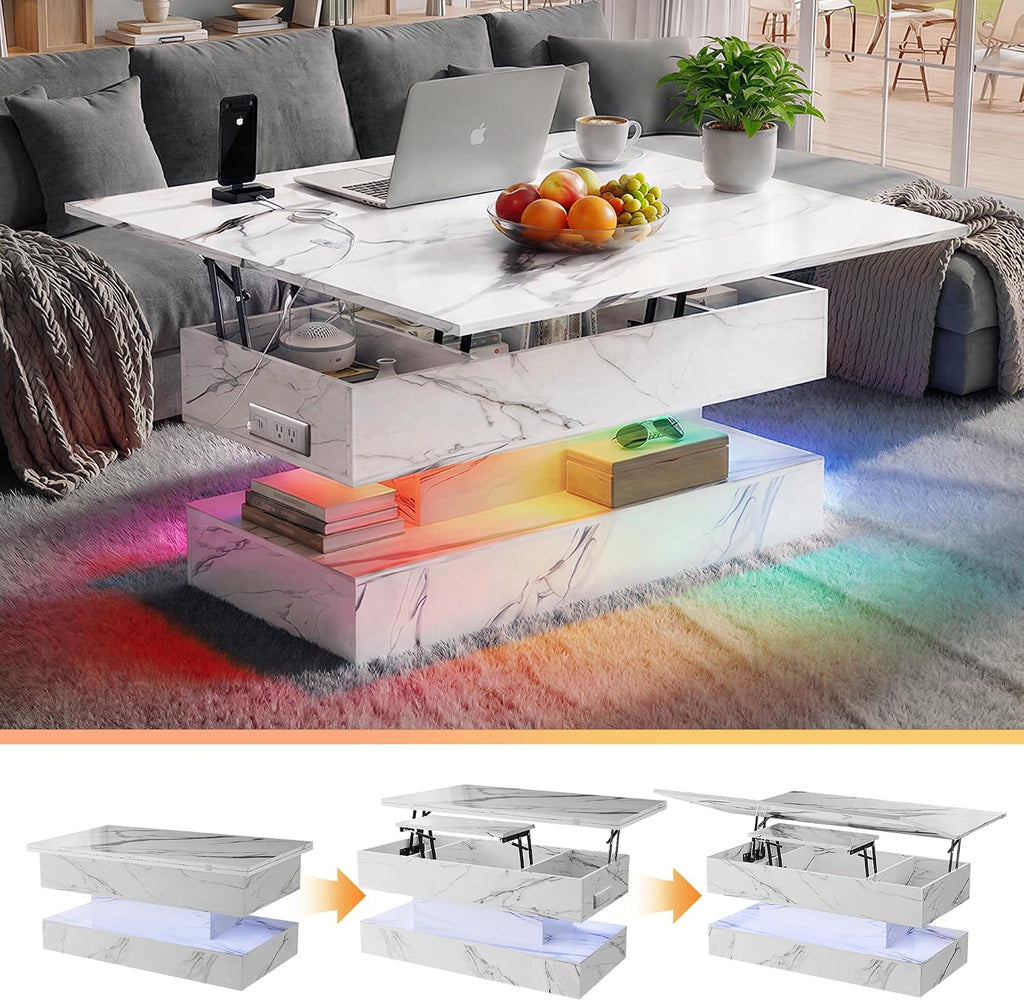 40' Lift Top Coffee Table, 4‑in‑1 Multi-Function Convertible Workstation Table with Storage & Charging Station, Modern Faux Marble Design for Living Room & Small Spaces, White