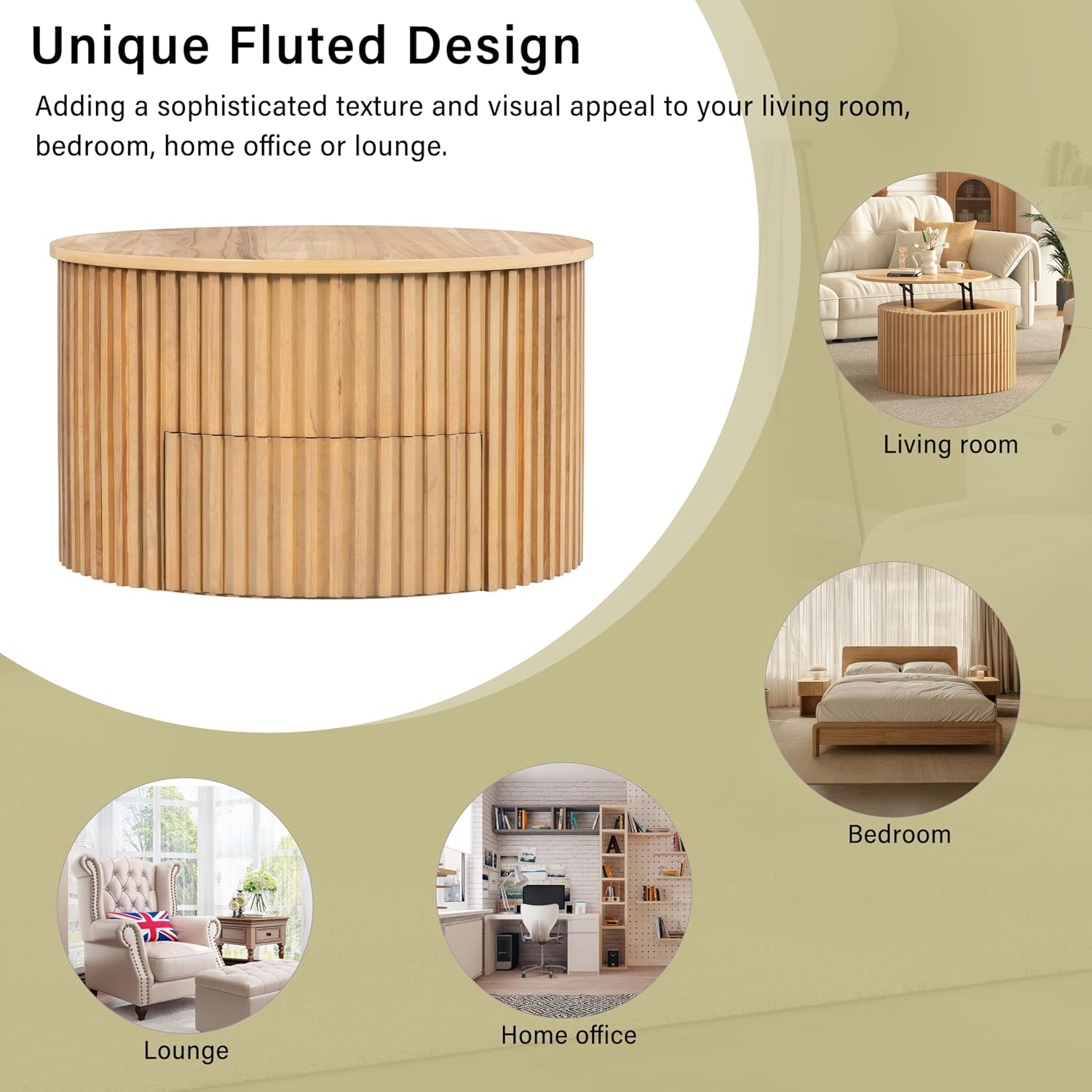 Round Lift Top Coffee Table, 29.8' Modern Fluted Wood Circle Table with Hidden Storage Drawer, Natural Solid Wood & MDF Cylinder Side Table for Living Room Bedroom Small Space