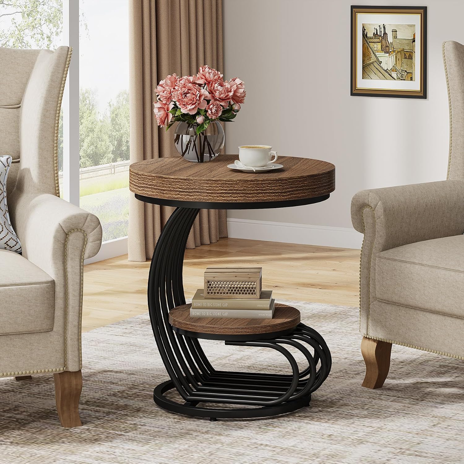 Tribesigns Round End Table, 2-Tier Farmhose Wood Side Table with Shelf Storage, Small Sofa Side Bedside Nightstand, Arc-Shaped Frame Accent Furniture for Living Room, Light Brown