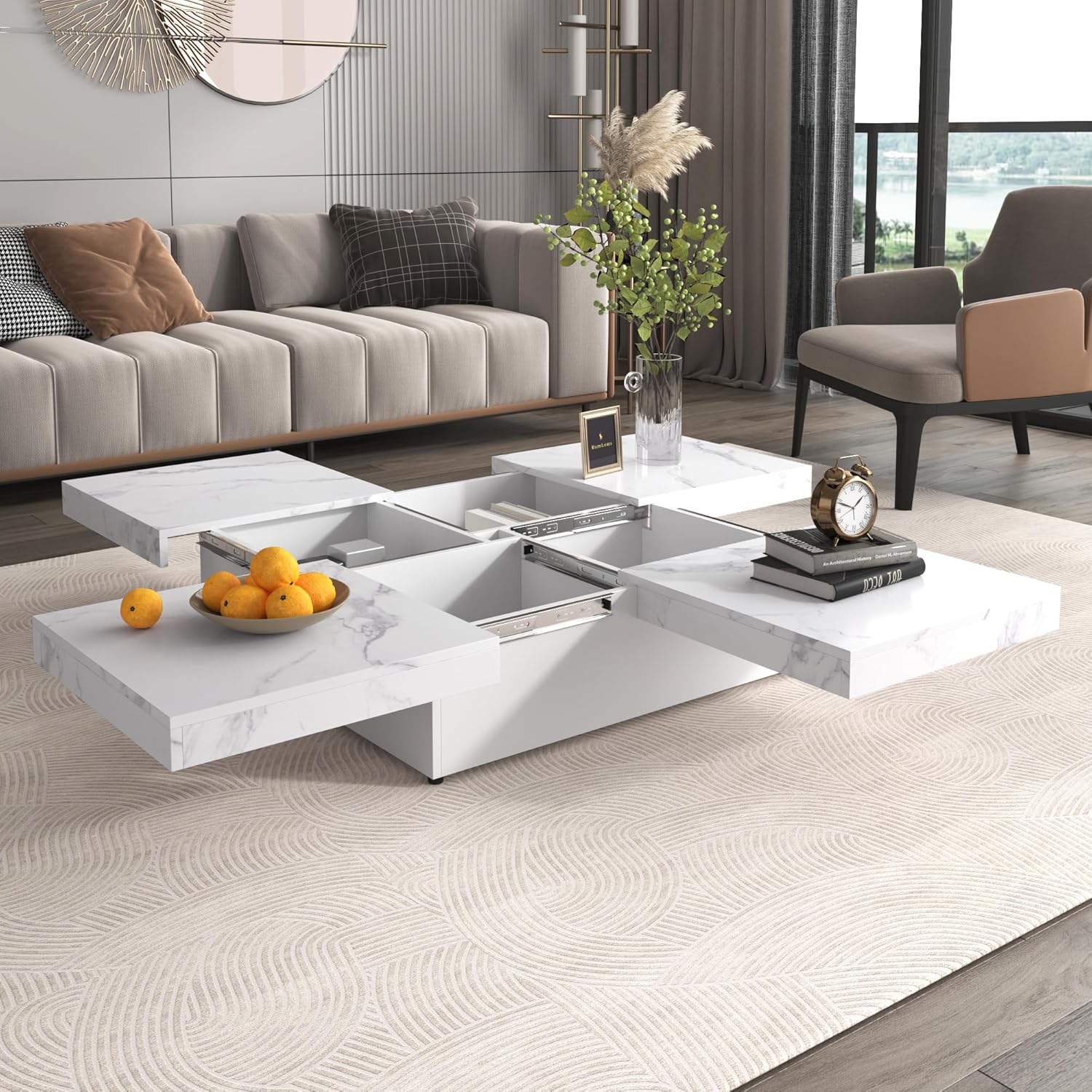 Merax Coffee Table, Modern Extendable Coffee Table with 4 Hidden Storage Compartments, UV High-Gloss Square Center Cocktail Table with Sliding Tabletop for Living Room, 39.4'x 39.4' (White)