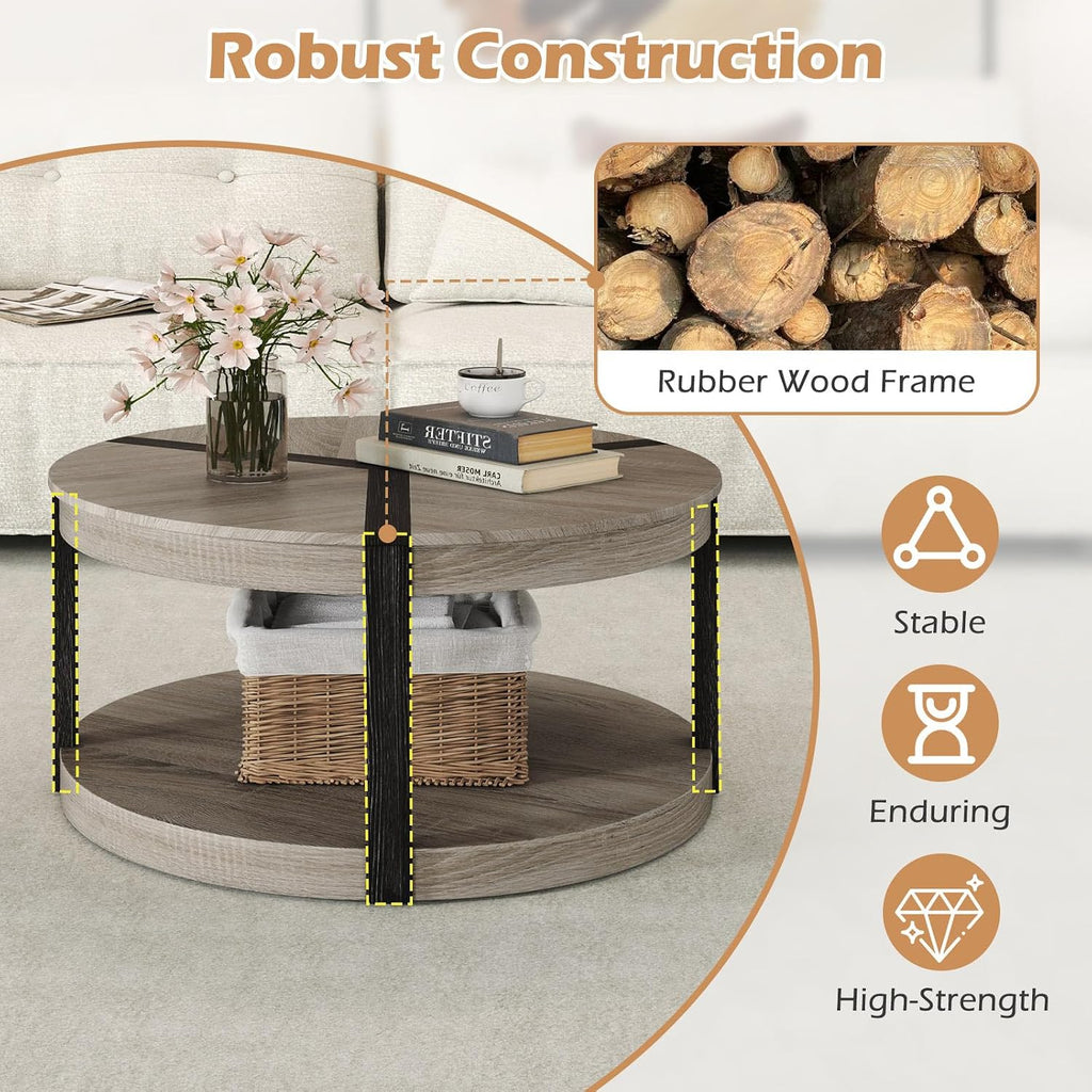 Giantex Round Coffee Table, 34.5' Mid Century Modern Circle Cocktail Accent Table with Open Storage Shelf & Rubber Wood Frame, 2 Tier Center Table for Living Room Reception Room, Grey Oak
