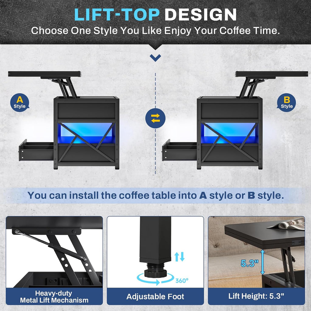 Itaar 40' Lift Top Coffee Table, 4 in 1 Coffee Tables with Storage for Living Room, Small Farmhouse Coffee Table with 2 Drawers & LED Light for Dining Reception Room, Black